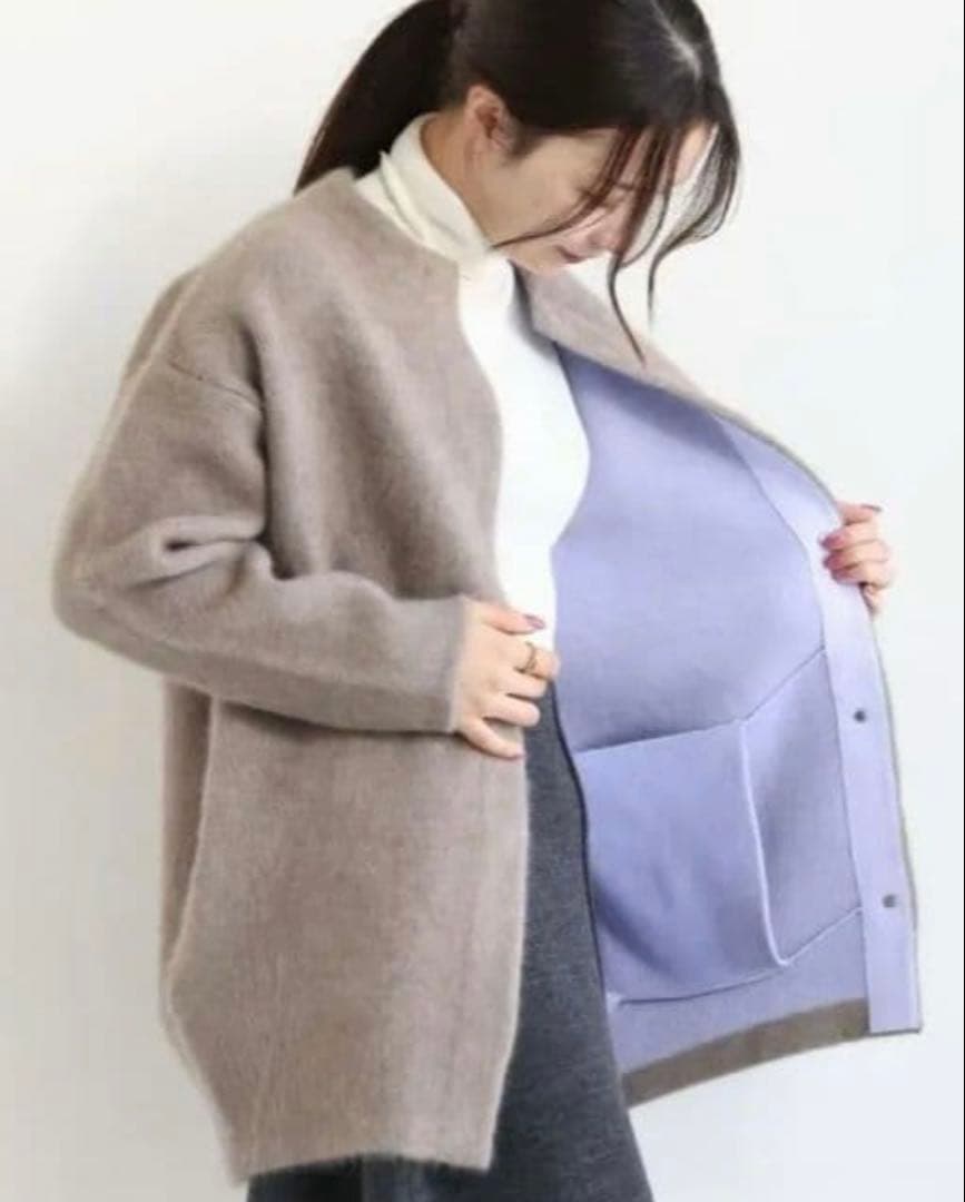 ELENDEEKラクーン混ダブルフェイスニットカーディガンバイカラーコート羽織り