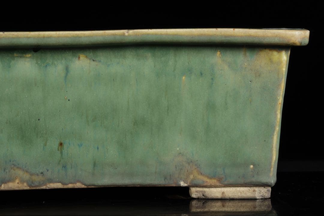 中国古盆器 緑釉外縁長方鉢 盆栽鉢 重厚時代鉢 中国古美術 古陶磁 骨董 古美術