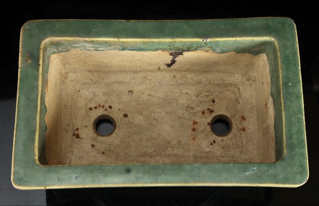 中国古盆器 緑釉外縁長方鉢 盆栽鉢 重厚時代鉢 中国古美術 古陶磁 骨董 古美術