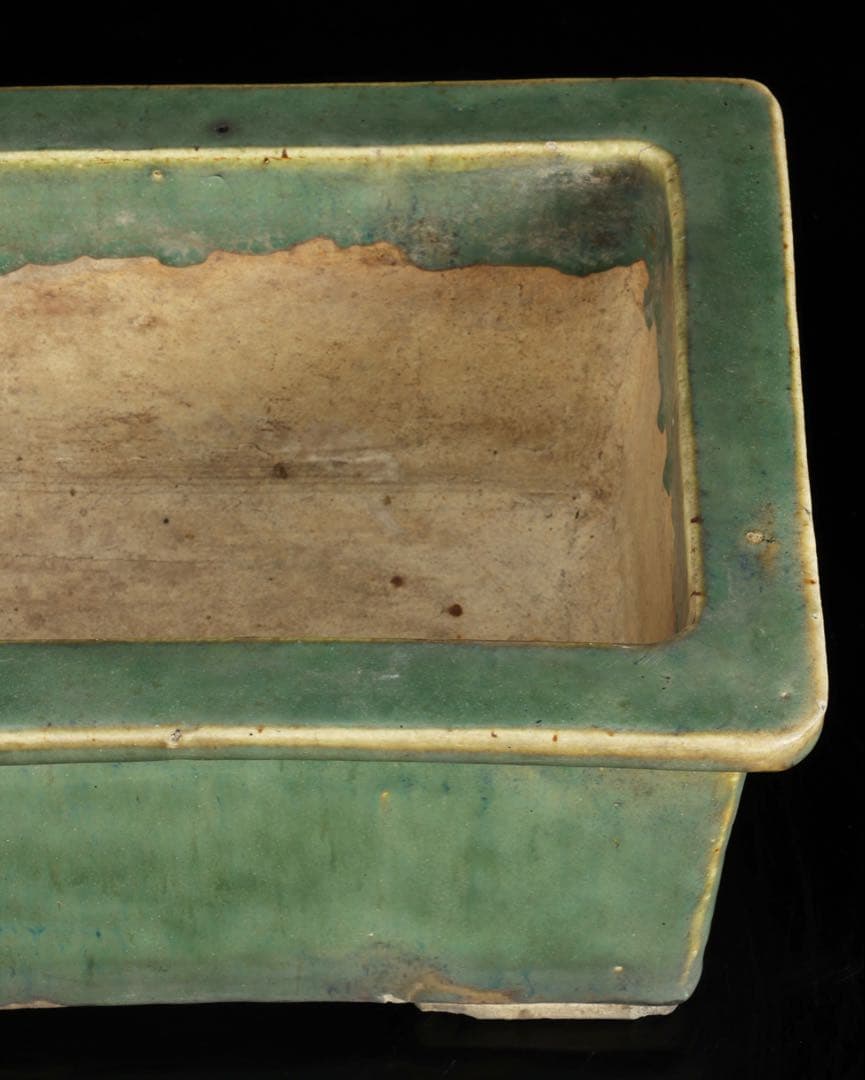 中国古盆器 緑釉外縁長方鉢 盆栽鉢 重厚時代鉢 中国古美術 古陶磁 骨董 古美術