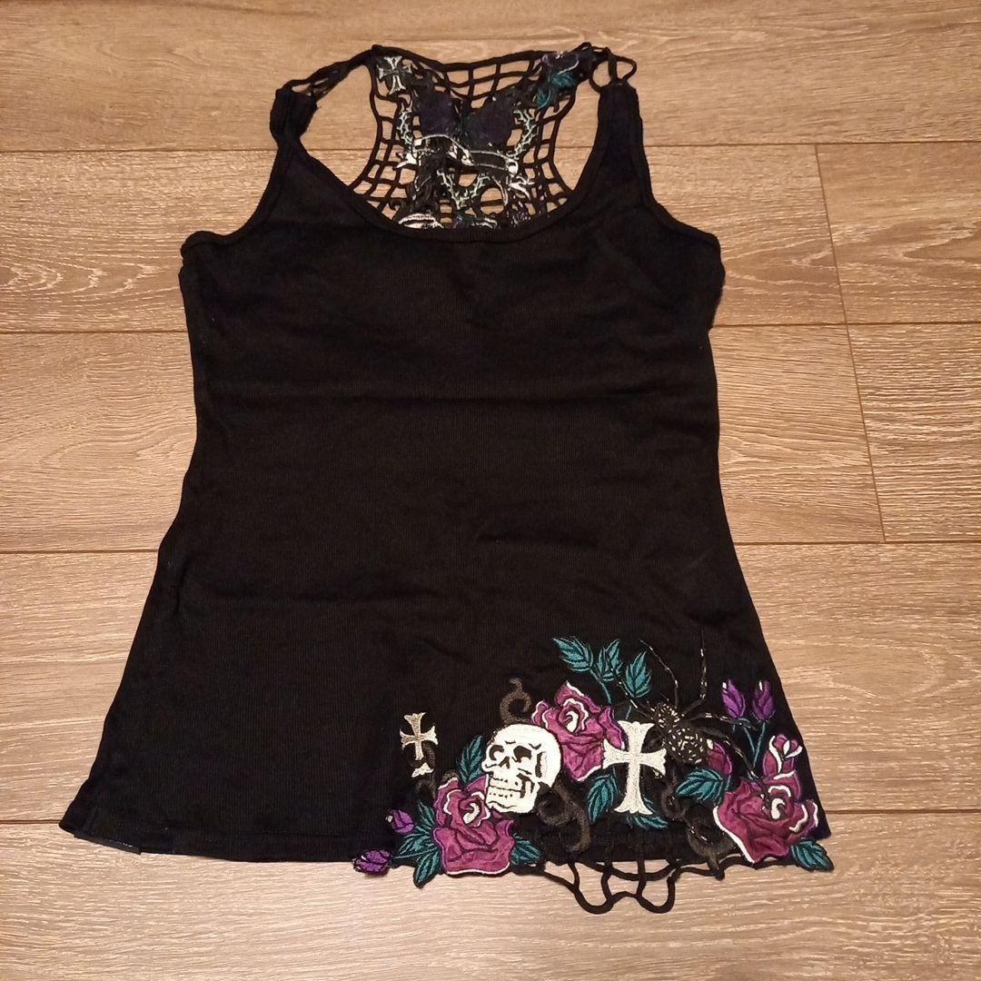 スカルとバラ刺繍レースバックキャミソール