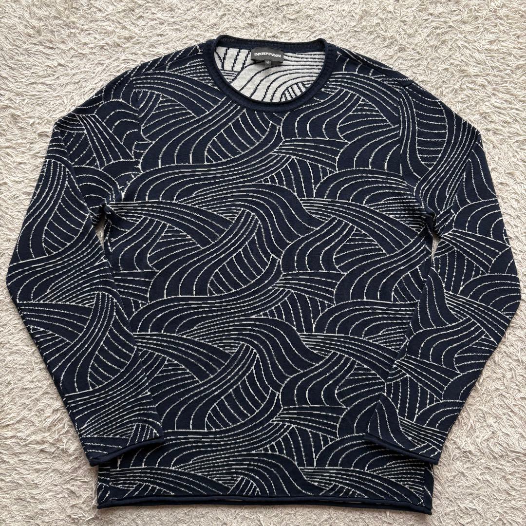 ★希少 XLサイズ★ エンポリオ アルマーニ 長袖 ニット 波柄 総柄 紺