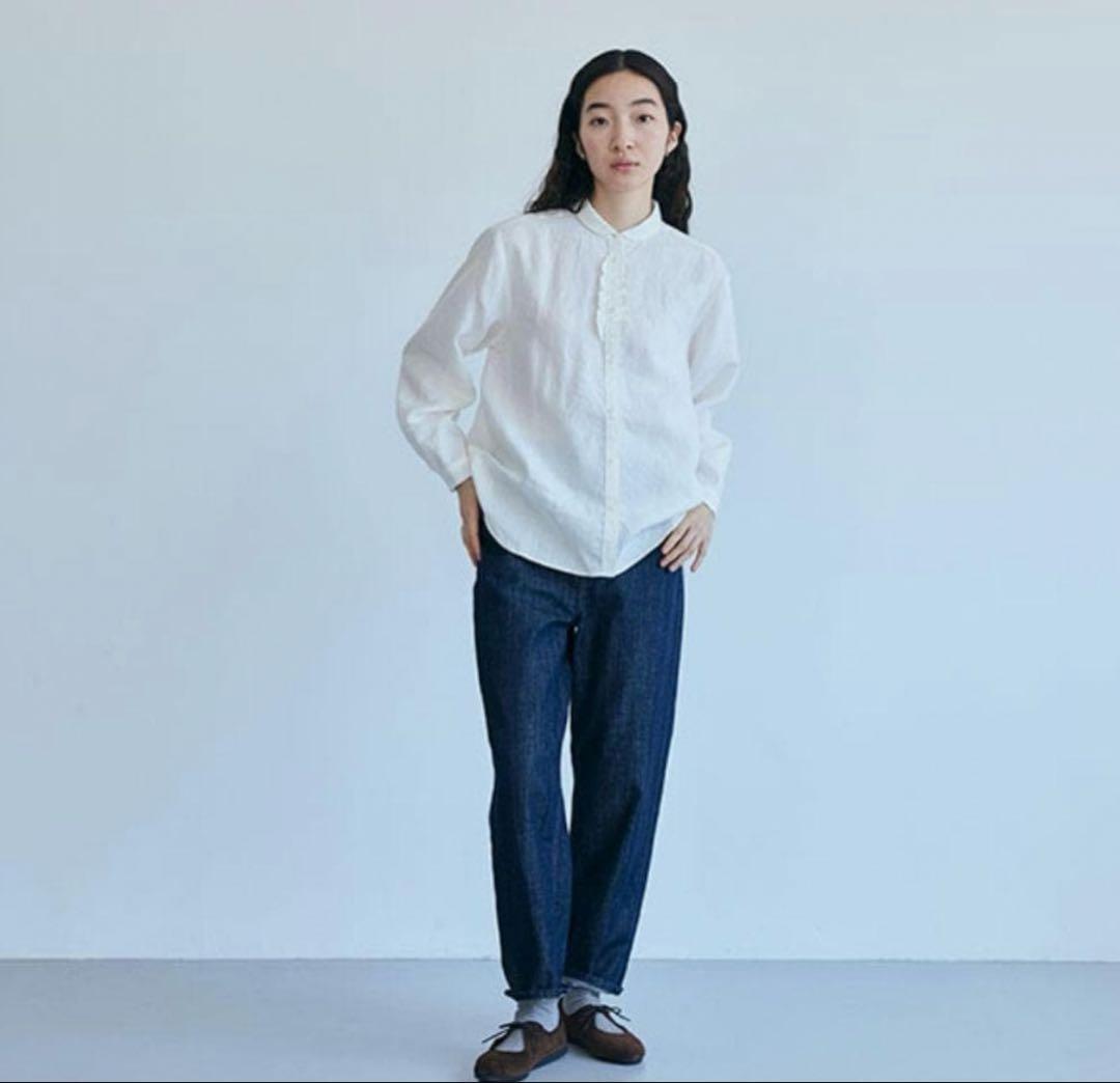 中川政七商店 手織り麻を使ったフリルシャツ ホワイト 丸襟 リネン 麻