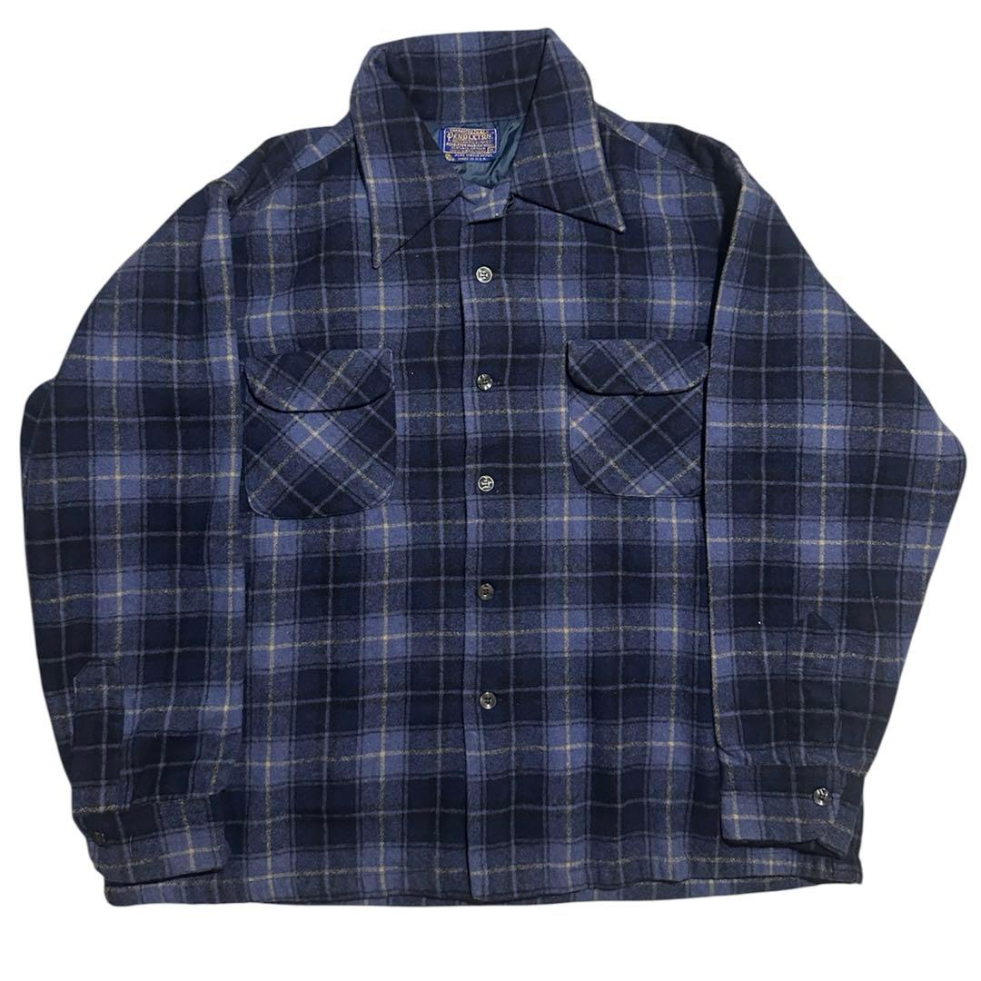 70s PENDLETON オンブレヴィンテージ ウールシャツ 青 XL 好配色