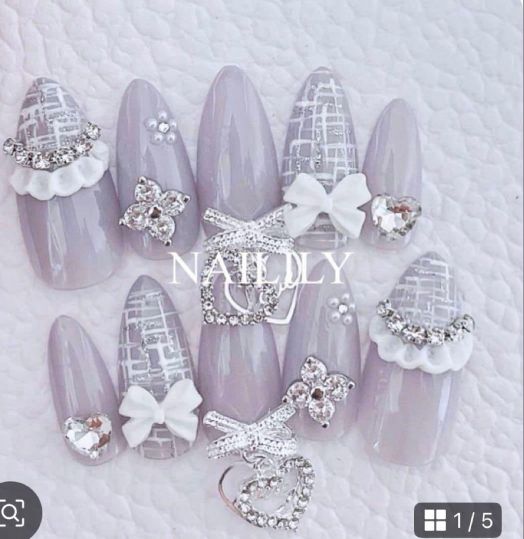 ネイルチップ チェック リボン ワンホン ガーリー 韓国 量産型