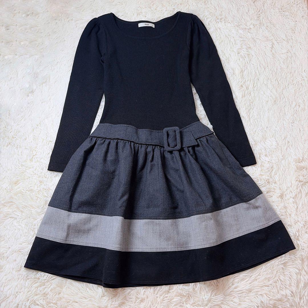 【美品】ルネ カシミヤ混 リブニット フレア ドッキングワンピース ブラック
