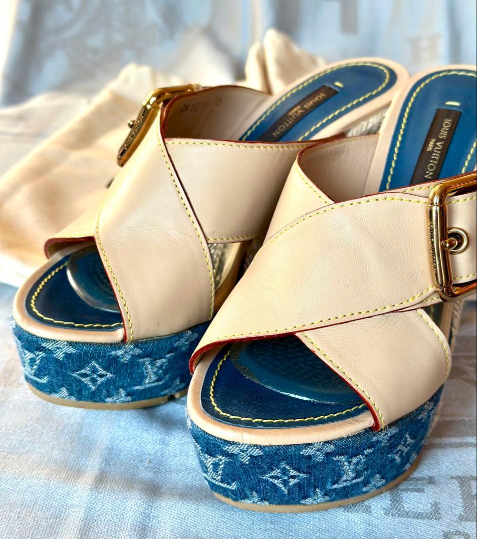 《正規品》ルイヴィトン ウエッジサンダル デニム　モノグラム 35 本物