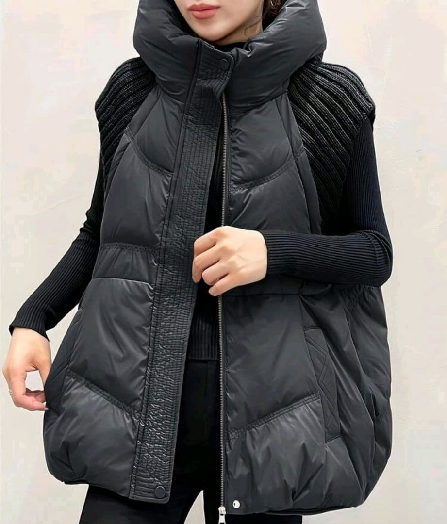 ニットドッキングダウンベスト フード ダウンベスト ブラック フード付き 中綿