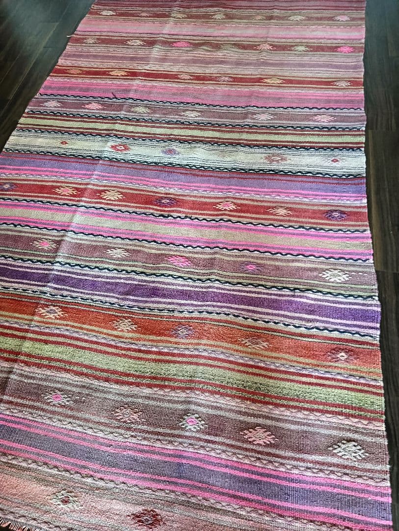 特大7.6kg 140×280色のパステルピンクのオールドキリム　カイセリ