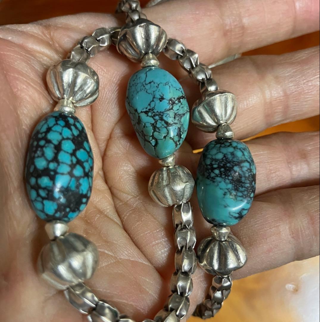 ケラ様御専用　天然ターコイズとカレンシルバーネックレス，ブレスレット2点