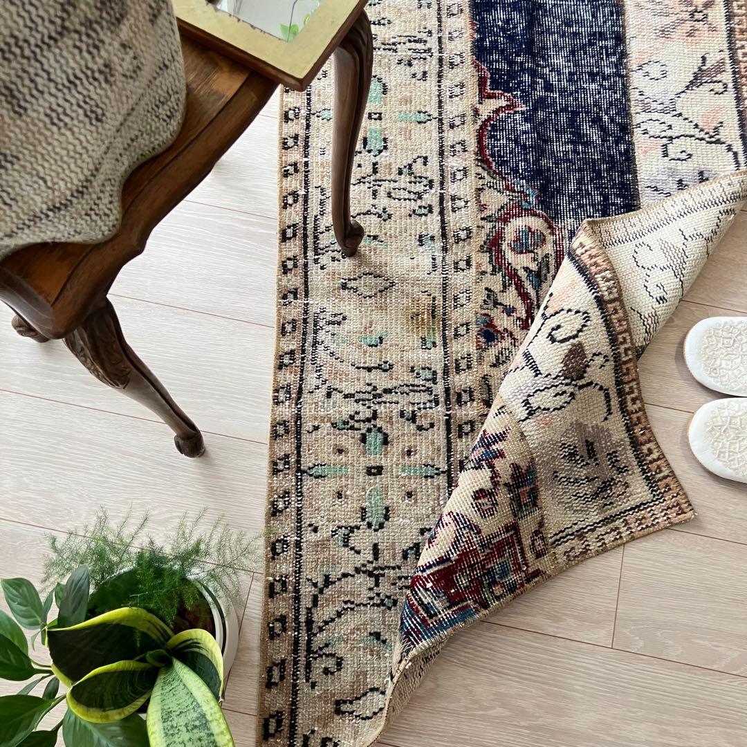 超ロングネイビー65×249レッド　パッチワークランナー　トルコヴィンテージラグ