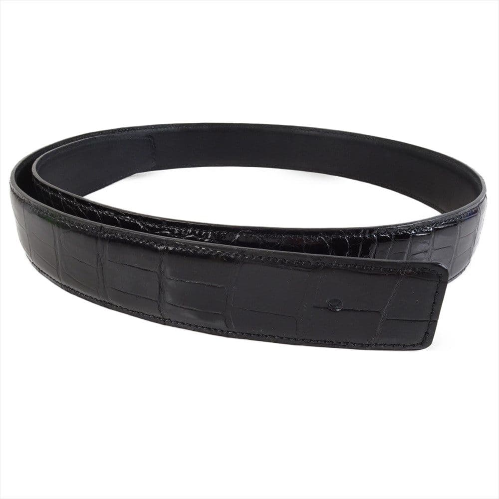 新品 クロコダイルレザー ベルト ツヤ 黒 本革 80cm～105cm Hベルト