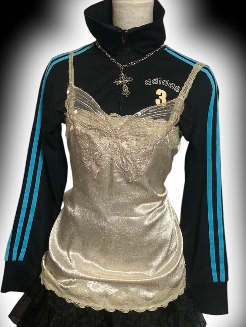 y2kビーズ刺繍キラキラ蝶々レースキャミ平成ギャル姫サテンフェアリーグランジ古着