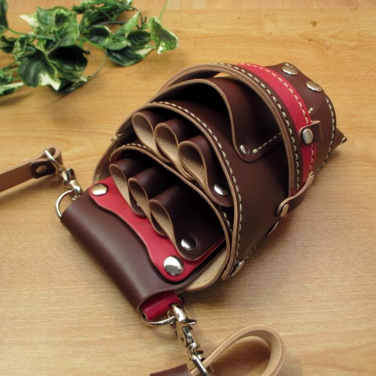 ブラウン＆レッド　６丁差し　革ベルト付　本革シザーケース　SCL-100/CBA