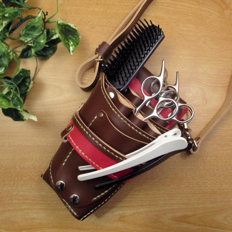 ブラウン＆レッド　６丁差し　革ベルト付　本革シザーケース　SCL-100/CBA