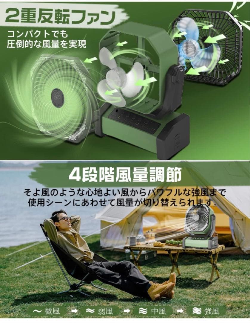 これは便利！多機能充電式扇風機 キャンプ スマホ充電可 ライト付 防災 吊り下げ