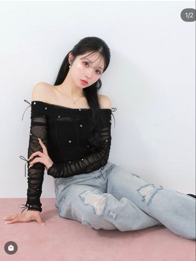 【A♡】m.me.eme エムエメ サイドリボンオフショルダートップス