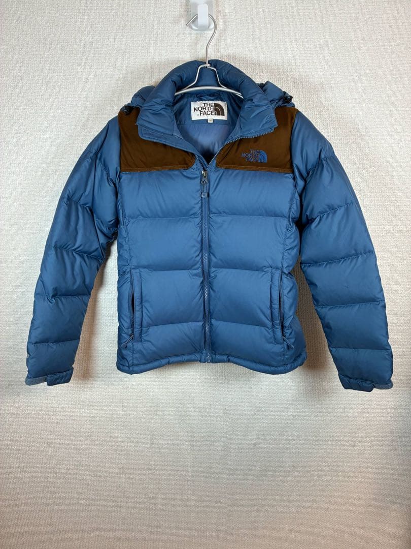 ノースフェイス ダウンジャケット ブルー×ブラウン レディースS韓国古着フード付