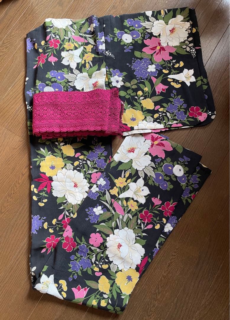 美品★ふりふ　浴衣　夏着物　花柄　芙蓉？