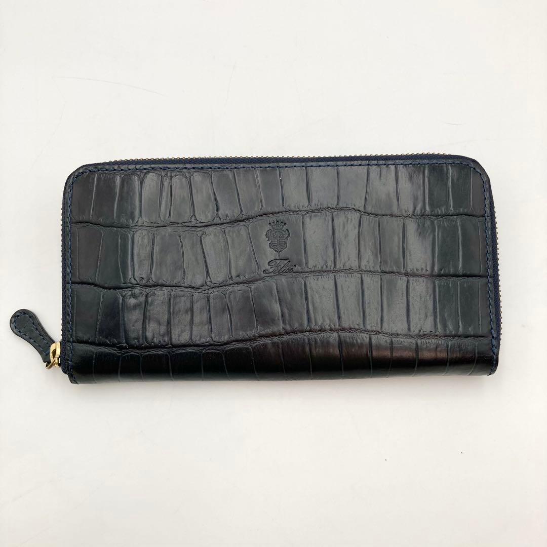 ノブさん✨Felisi 125 長財布 ラウンドジップ 紺色 クロコ型押し