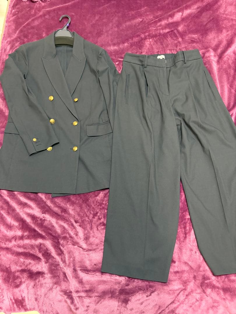 PLST プラステ リネンブレンドダブルジャケット＆ワイドパンツ ネイビーL