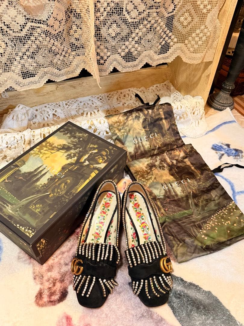 GUCCI パンプス GGマーモント ラインストーンスエード レザー黒