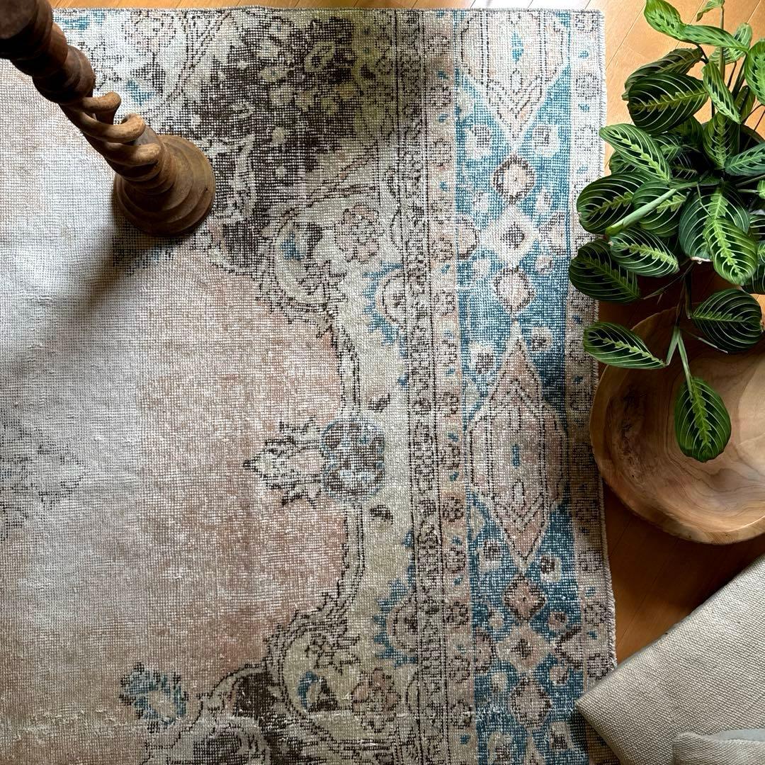 106×141 ターコイズブルー×ブラウン　淡いベージュ　トルコヴィンテージラグ