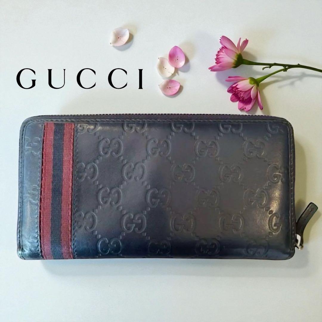 GUCCI　グッチ　長財布　ラウンドファスナー　グッチシマ　シグネチャーウェブ