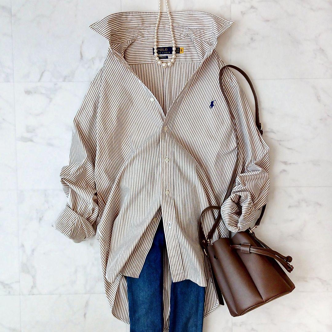 美品 ポロラルフローレン 現行 コットン ベージュストライプ ボタンダウンシャツ