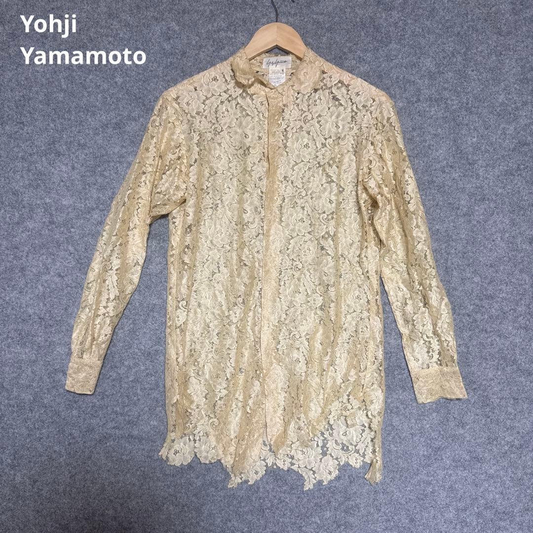 Yohji Yamamoto 光沢ベージュ レースシャツ S