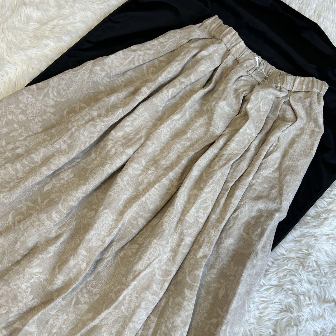 未使用✨かぐれ コットンリネンジャガードスカート フレア リネン 総柄 タック