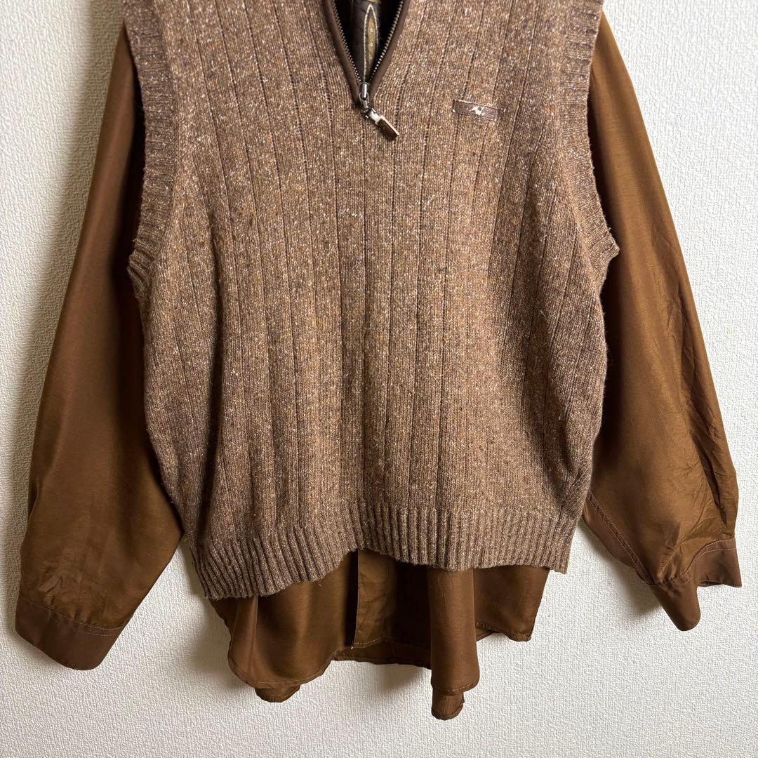 ネクタイシャツニットベスト　シルク　ペイズリー　ワッペン　襟切替　太アーム　古着