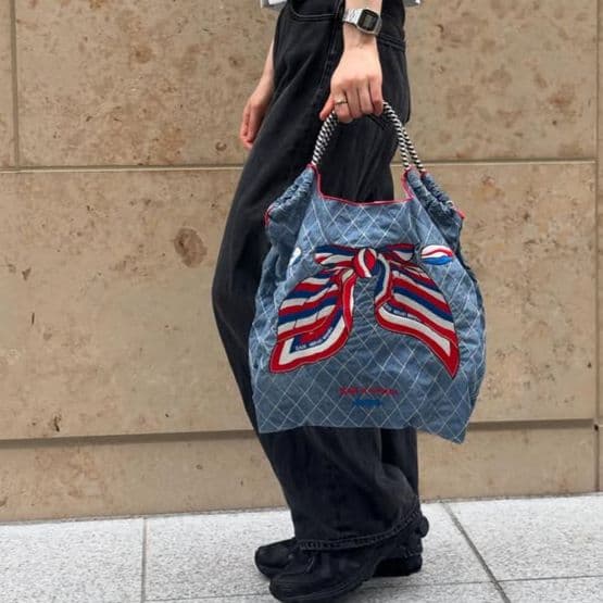 【新品】表参道限定品 ボールアンドチェーン★デニムリボン Ｍトリコロール