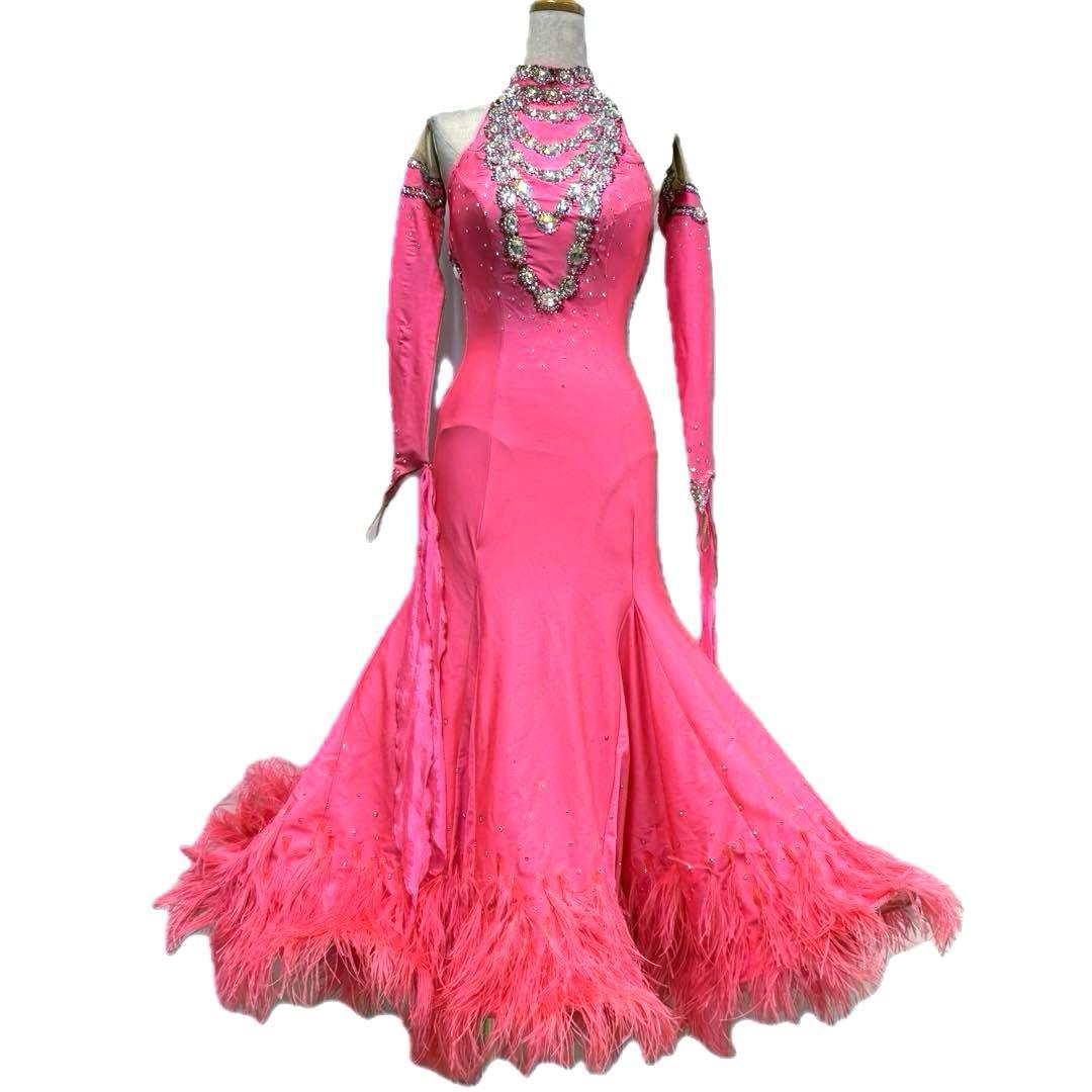 Y5697★SM★ピンク オーストリッチ スワロ スタンダードドレス☆社交ダンス