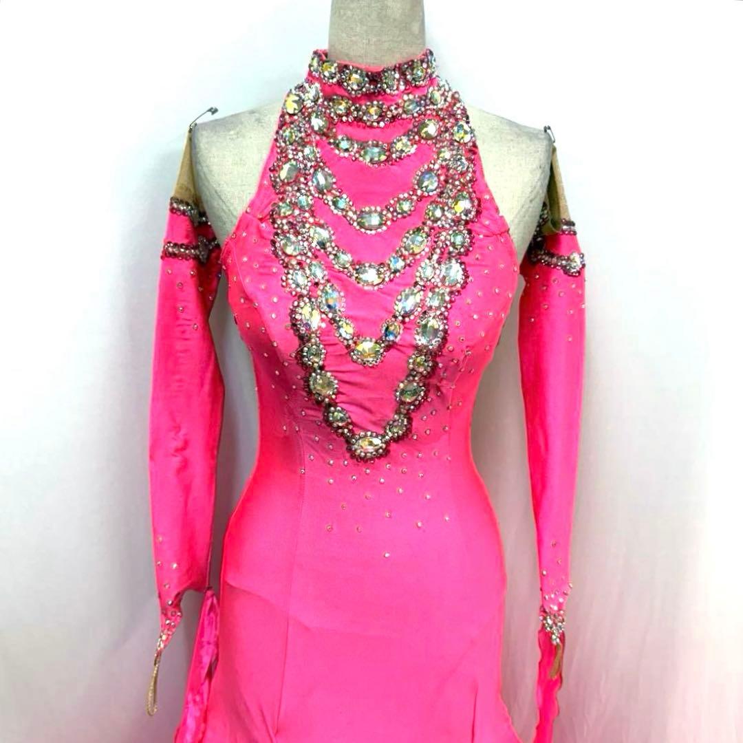 Y5697★SM★ピンク オーストリッチ スワロ スタンダードドレス☆社交ダンス