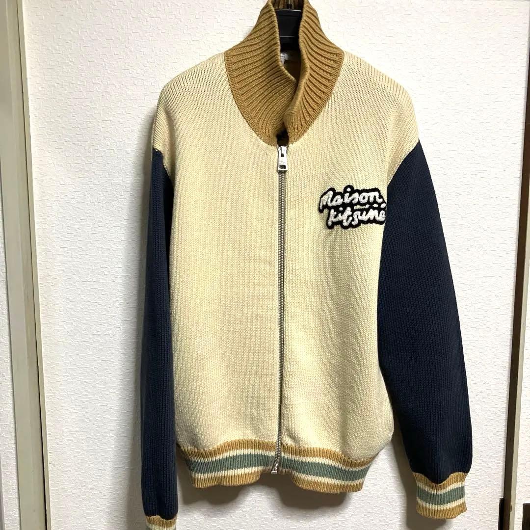 【メゾンキツネ】 綿ニットセーターブルゾンアイボリー/ネイビー✨いさお✨