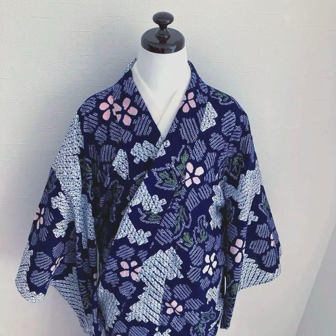 みっちん。 有松鳴海絞り浴衣・蜘蛛絞り 花模様　手縫い 広襟　No.-66