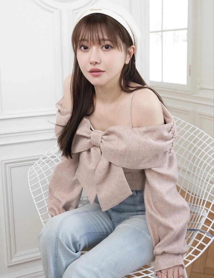 LIP SERVICE　リボンオフショルロングスリーブトップス　ピンク