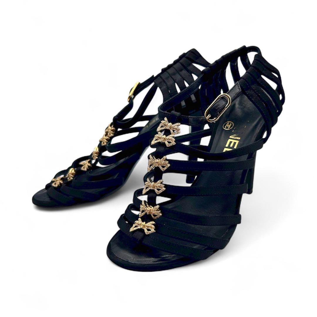 【超希少】CHANEL サンダル ココマーク リボン ストーン ゴールド 黒