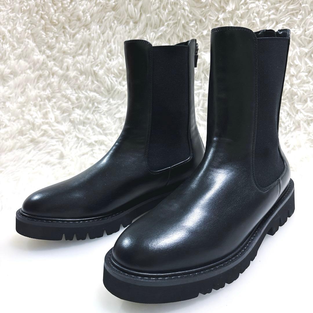 極美品フィットフィットバックジップサイドゴアブーツL 黒ブラックレザー人気定番