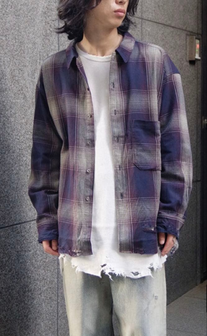 トップス ANCELLM DAMAGED FLANNEL CHECK SHIRT