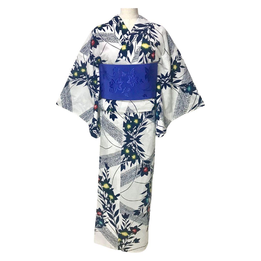 【浴衣】斜め変わり縞に桔梗模様 　注染　白地 　紺　粋　レトロモダン　古典 綿