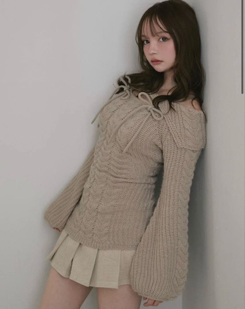 andmary Aura cable knit tops リボンケーブルニット