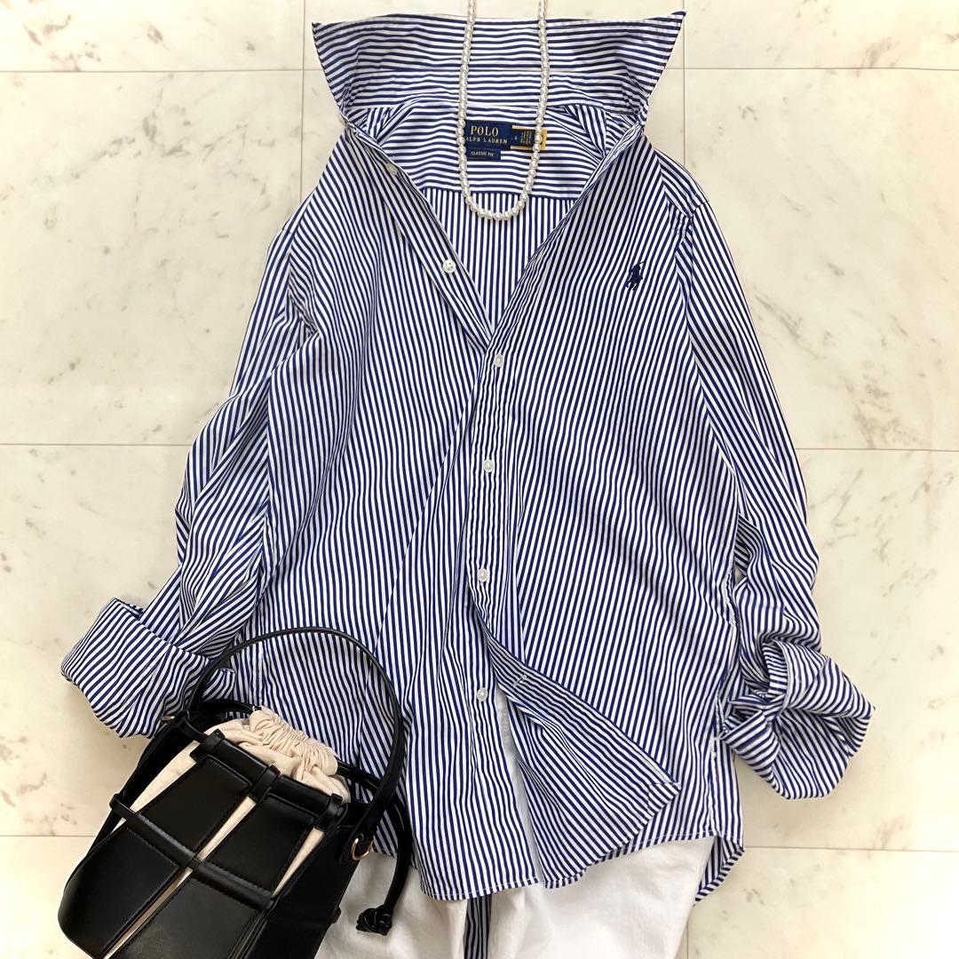 極美品 ポロラルフローレン ストライプシャツ ホース刺繍 QR ブルー