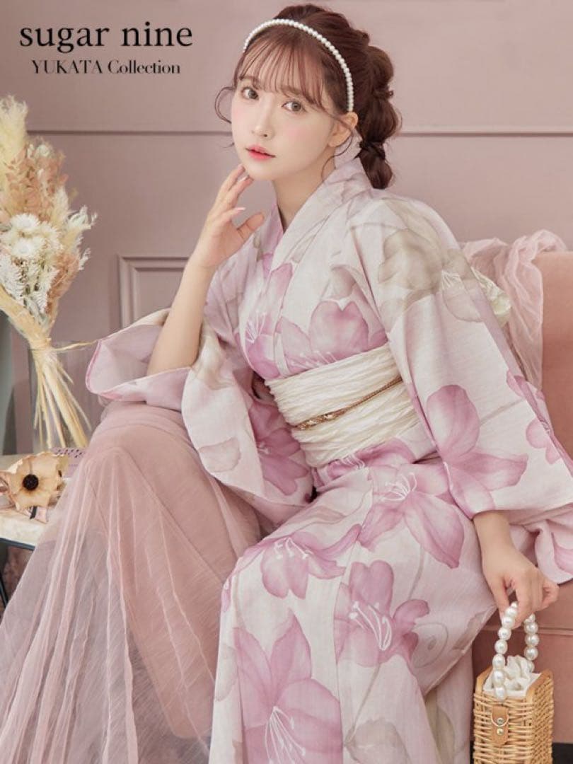 sugar 大人スウィート/ピンク地x百合浴衣　浴衣・帯・下駄+☆兵児帯付き☆