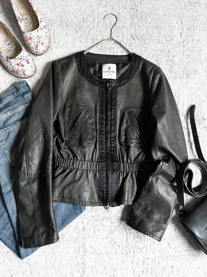 【LANVIN en bleu】ランバンオンブルー ノーカラーレザージャケット