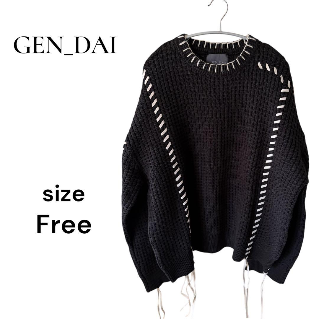 GEN_DAI ゲンダイ　ステッチ　ワッフルニットセーター ブラック　サイズF