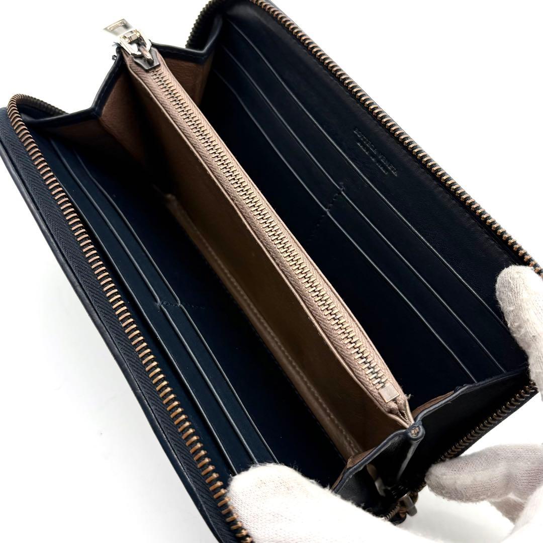 【美品】ボッテガヴェネタ 長財布 イントレチャート ラウンドジップ ネイビー