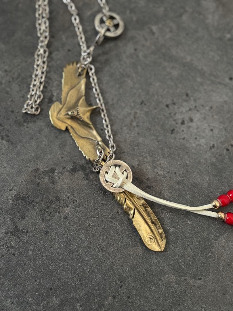 全金フェザーネックレス　イーグル　フェザー　ホワイトハーツ　真鍮