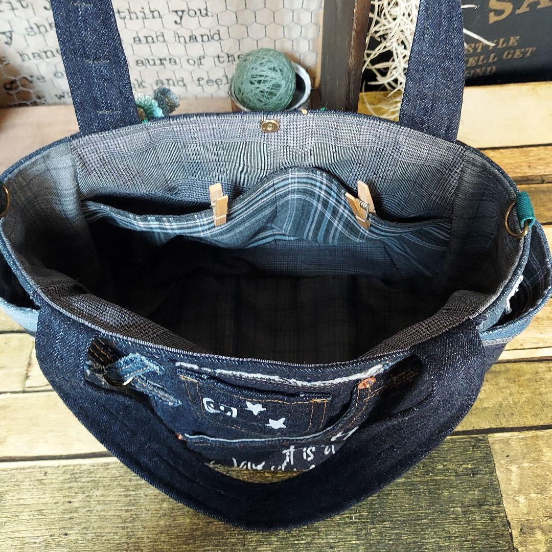 刺繍デニムバック　No.662　デニムリメイク　刺繍バック　サイドポケット